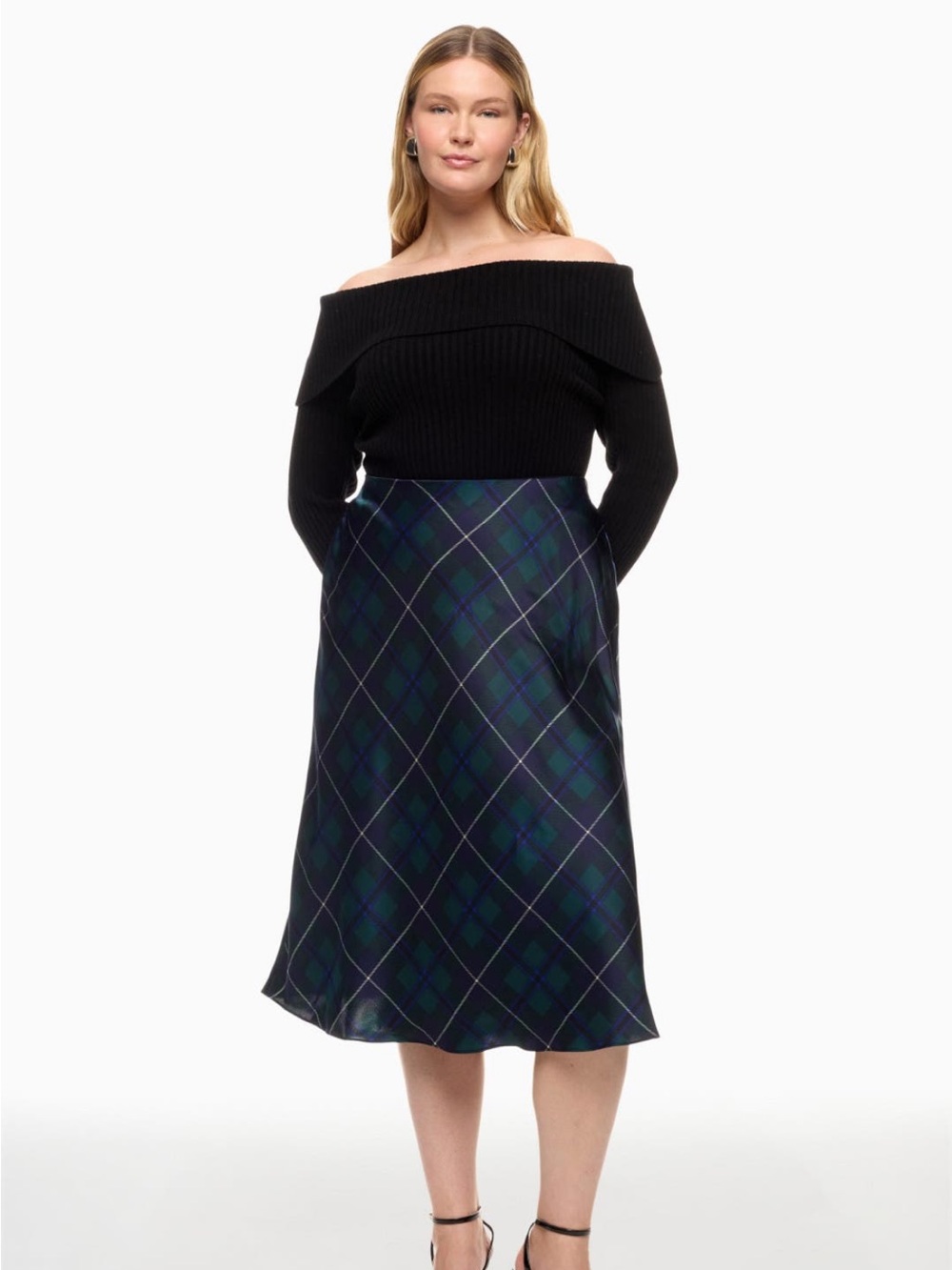 Lauren Ralph Lauren Navy and Green Plaid A-Line Midi Skirt - Picture 2 of 4